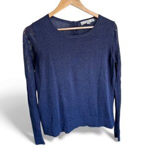 Loft Lightweight Blue Sweater with Lace Long Sleeves and Back Buttons - Size M